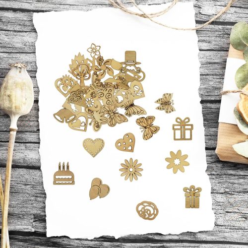 DIYOMR 200Pcs Hollow Wood Pieces Unfinished Wooden Vintage Embellishments Decorative Accessories for Graffiti Home Decor DIY Scrapbooking Handmade Crafts (Mix)