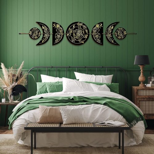 BBTO Boho Wall Decoration Moon Phases Wall Art Stars Moon Decoration Minimalist Room Wooden Gothic Witchy Door Pediments Hanging Sign(Black, Gold)