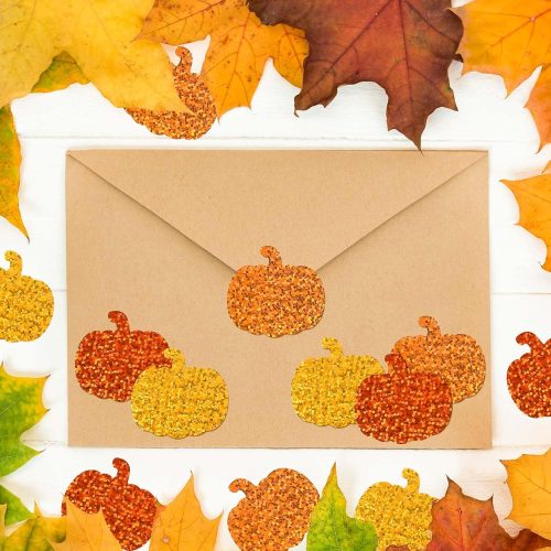 Whaline Fall Thanksgiving Pumpkin Stickers Roll Glitter Pumpkin Paper Decal 3 Color Sparkly Autumn Self-Adhesive Decorative Stickers for Envelope Journal Decor Party Supplies, 500Pcs