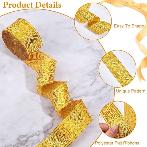 NBEADS 7.7 Yards Gold Jacquard Ribbon Trim, 1-1/4 Inch Wide Boho Woven Trim Ethnic Floral Ribbon Embroidery Polyester Flat for DIY Craft Clothing Accessories Decorations