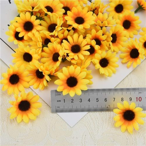 100Pcs Yellow Artificial Flower Heads Mini Fake Sunflower Decorative Fabric Flowers Craft Floral Embellishments for Wreaths Wedding Artificial Flowers Home Décor Products