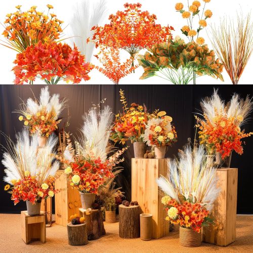30 Bundles Artificial Fall Flowers Fake Plants for Outdoors Plastic Autumn Plants UV Resistant No Fade Faux Plants for Thanksgiving Wedding Party Garden Porch Window Decor