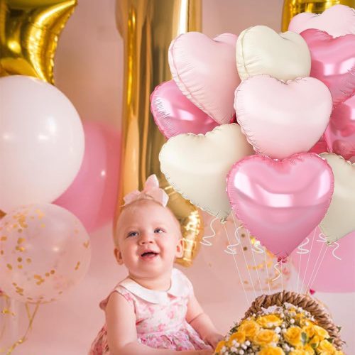 Pink Heart Balloons,18inch Bright Pink Heart Shaped Foil Balloons & Pastel White Helium Mylar Balloon for Anniversary Wedding Engagement Birthday Party Baby Shower Decorations(12Pcs)