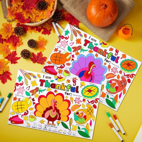 JOYIN 24 Pcs Thanksgiving Coloring Placemats, Thanksgiving Turkey Coloring Paper Table Mats, Make Your Own Art & Craft Kit for Kids School Activities Party Decoration Supplies(No pigment)