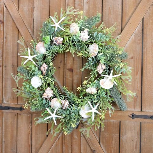 Idyllic 18 Inch Seashell Wreath with Green Leaves for Front Door and Wedding, Rustic Farmhouse Costal Starfish Conch Shells Wreath for Indoor and Outdoor, Spring Summer Home Decor