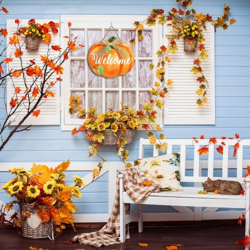 Fall Door Sign Pumpkin Welcome Door Hanger Vintage Door Sign Front for Door Decoration Wreaths Decorations Door Hanging Farmhouse Porch Wall Outdoor 12"x12"