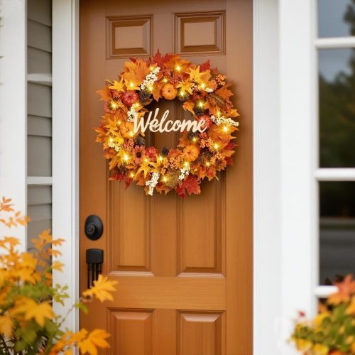 Waipfaru Fall Decor, Fall Wreaths for Front Door, Autumn Wreath with Lights and Welcome Sign, 20'' Outdoor Reef for Thanksgiving Farmhouse Front Porch Patio Decoration
