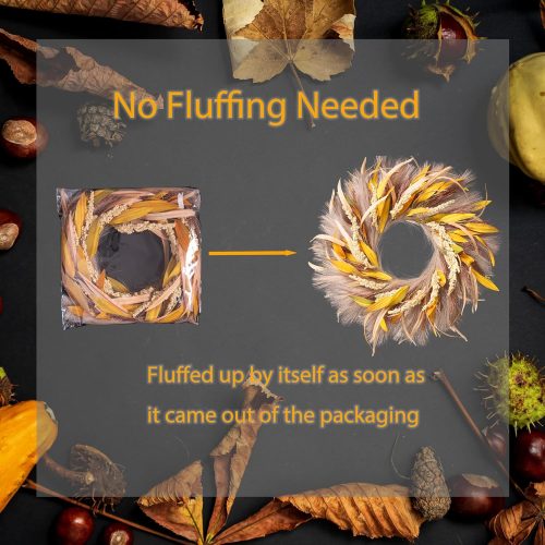 Fall Wreath 22-24inch Autumn Door Wreath with Yellow Leaves, Light Brown Reeds,Beige Wheat Ears for Farmhouse Indoor Outdoor Window Wall Thanksgiving Decor