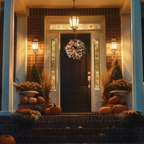 Valery Madelyn Fall Wreaths for Front Door Outside, 20'' Farmhouse Autumn Door Wreath with Lights White Pumpkins Bow, Outdoor Fall Decorations for Home Porch Thanksgiving Harvest Table Centerpiece