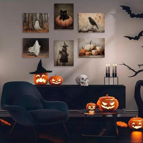 Xianyojafa Vintage Halloween Canvas Wall Art, Retro Black Cat Pumpkin Poster 6 Piece 8x10in, Victorian Raven Ashland Witch Picture Print, Creepy Spooky Ghost Dark Academia Wall Decor Unframed