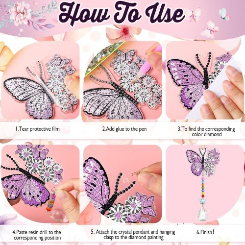 Tradder 6 Pcs Spring Butterfly Diamond Painting Wind Chimes Diamond Painting Suncatcher Art Kit Double Sided Butterfly Ornaments 5d Rhinestone for Spring Home Garden