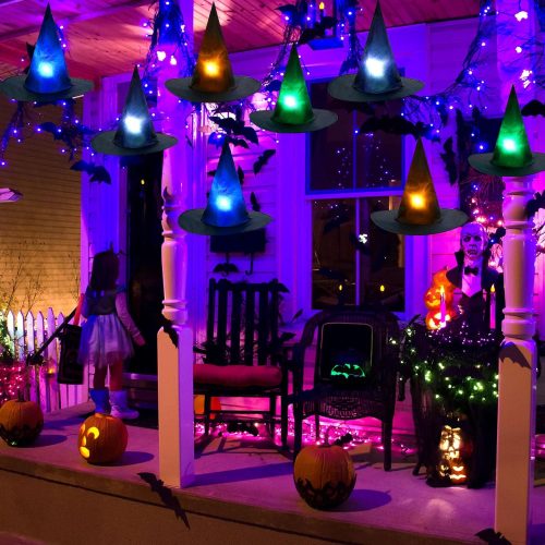 CCINEE 12pcs Light Up Halloween Hanging Witch Hat, Black Floating Witches Hats Cosplay Costume Set with Light 15cm Rope 3D Bat for Indoor Outdoor Ceiling Porch Halloween Party Decorations
