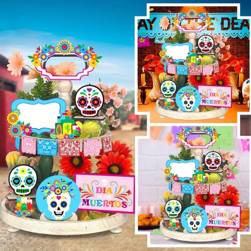 14 Pcs Day of The Dead Tiered Tray Decor Mexican Dia De Los Muertos Decorations Sugar Skull Wooden Table Signs Wreaths Wine Flowers Candles Centerpieces for Halloween Party Decor