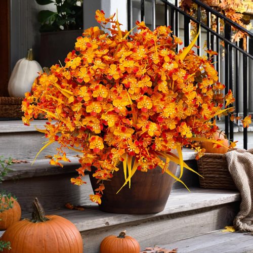 Artificial Mums for Outdoor Fall Flowers - Fake Plants UV Resistant No Fade Faux Plastic Home Decor Garden Porch Patio (1, OrangeMixed)