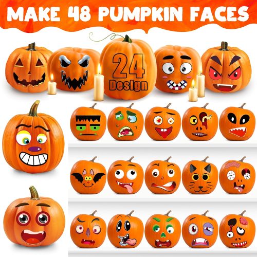 LINAYE 48 PCS Halloween Pumpkin Face Stickers for Kids Crafts, Pumpkin Decorating Kit, Halloween Games Activities Party Favors for Kids