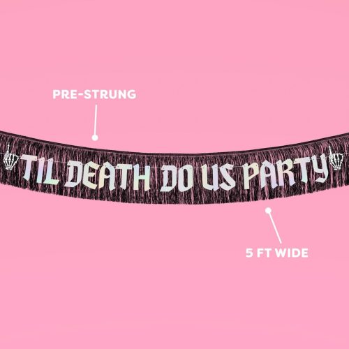 xo, Fetti Til Death Do Us Party Fringe Banner - Black + Iridescent, 5 Ft. | Bachelorette Party Decorations, Halloween Birthday, Bridal Shower Decor, Bride to Be, Gothic Wedding, Bride Or Die Emo Favor
