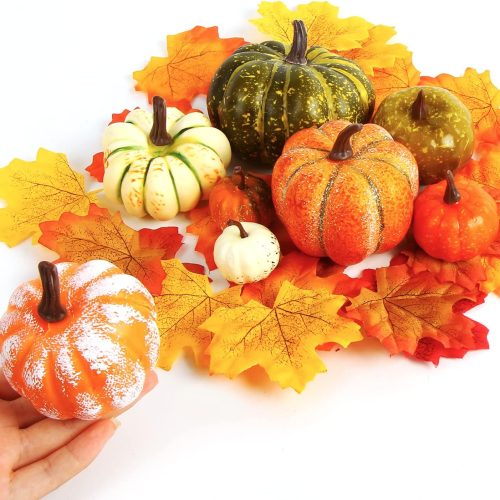 FOIMAS Mini Artificial Pumpkins,Lifelike Faux Pumpkin Gourds Acorn Maple Leaves for Halloween Fall Thanksgiving Party Table Decoration Supply