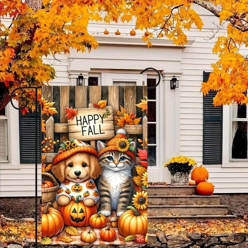 Happy Fall Pumpkin Garden Flag 12x18 Inch Double Sided for Outside Decorations Yard Flag Hello Fall Dog Cat Garden Flag Autumn puppy and kitten Thanksgiving For Holiday