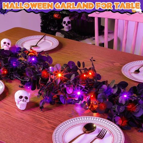 [Dual Color & Timer] 6 Ft by 10 Inch Halloween Garland with 20 LED Purple Orange Lights, Lighted Artificial Eucalyptus Garland with Twigs Halloween Decorations for Home Wall Table Mantle Fireplace