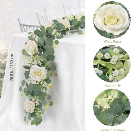 4Pcs(26 Ft) Artificial Eucalyptus & White Rose Flower Garland, Faux Rose Vine & Gypsophila Greenery for Party & Wedding Decor (White, 4PCS)