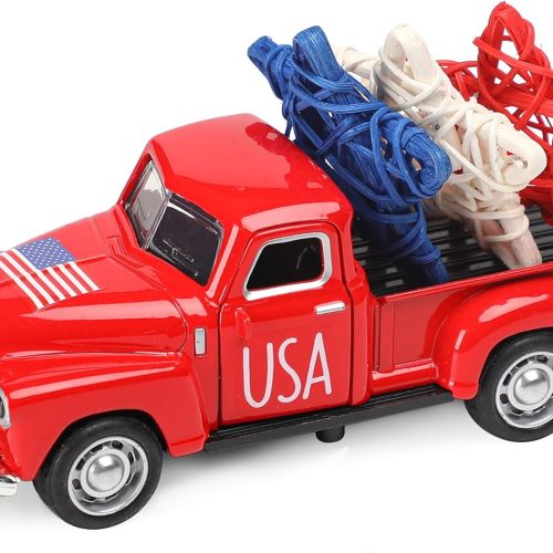 Fall Pumpkin Truck Decor Mini Harvest Metal Farm Truck with 3 Pumpkins | Vintage Diecast Model for Tiered Tray Home Décor 4.8 inches