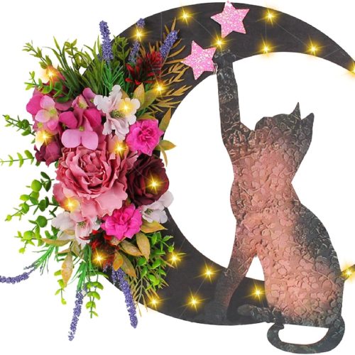 Halloween Wreaths for Front Door with Lights, Flower Crescent Cat Moon Wreath for Front Door, Wooden Gothic Wreath Decorations for Home Party Window Wall (Colorful, with Lights)