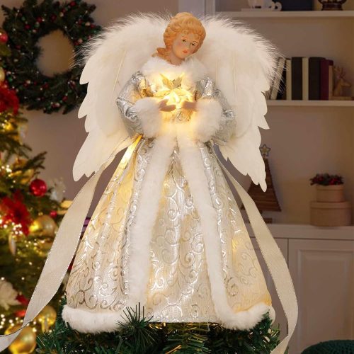 Christmas Decorations, Angel Tree Topper with Lights, 8 Modes Tree Ornament with Timer, Battery Operated Lighted Treetop Ornaments Indoor Decorations