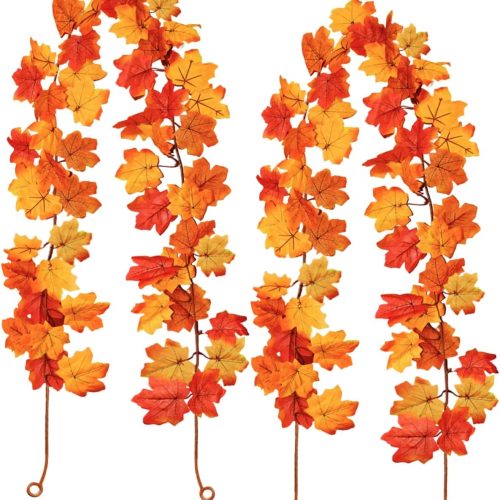 4 2 Pack Fall Maple Leaf Garland,6.6ft/String Hanging Vine Artificial Autumn Leaves Thanksgiving Decorations for Home Wedding Fireplace Party Thanksgiving, Christmas (Orange)