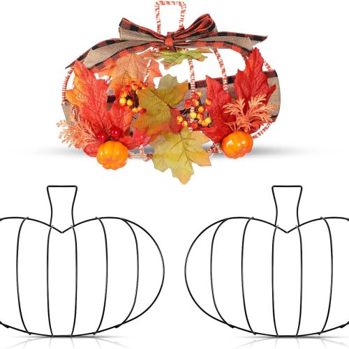 Hotop 3 Pcs 10 x 7.3 Inches Autumn Pumpkin Shaped Metal Wreath Form Thanksgiving Wire Floral Frame Halloween 3D Pumpkin Wreath Indoor Outdoor Garden Porch Kitchen DIY Craft Decorations