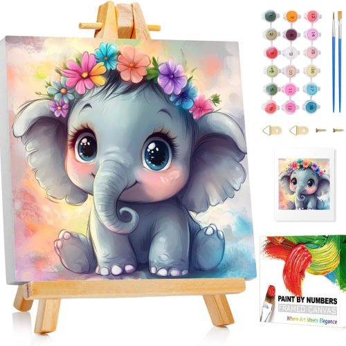 4 Reivworl Paint by Numbers Kit for Kids with Frame and Easel, Elephant Paint by Number Kids Age 5-8-12, Paint by Numbers Gifts and Home Decor (8X8 Inch)