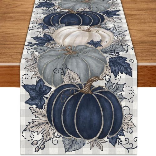 Fall Thanksgiving Table Runner, Blue Vintage Pumpkin Maple Leaf Decorative Autumn Harvest Seasonal Table Runner for Farmhouse Kitchen Dining Indoor Home Party Decorations 13x90 inches