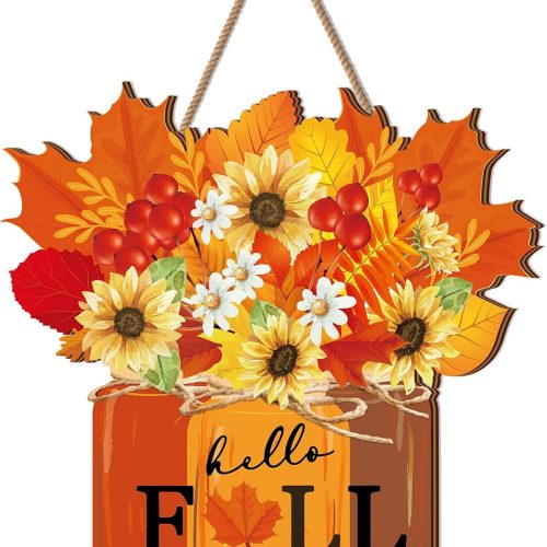 Newcotte Fall Decoration for Home Thanksgiving Door Decor Hello Fall Sign Maple Leaves Hanging Sign Autumn Door Hanger Wreath for Front Thanksgiving Porch Outdoor Home Decor(Autumn Style)