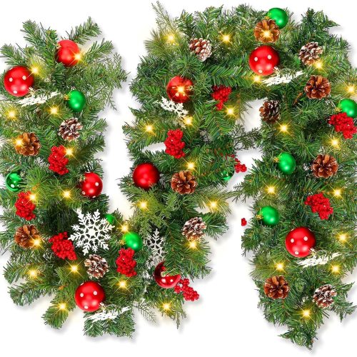 4 Ceenna 6 ft Christmas Garland Decoration with Lights Door Stairs Xmas Norfolk Berry Garland with 20 LED Snowflake Cones Red Green Balls Ornaments for Indoor Outdoor Holiday Fireplace Winter Decor