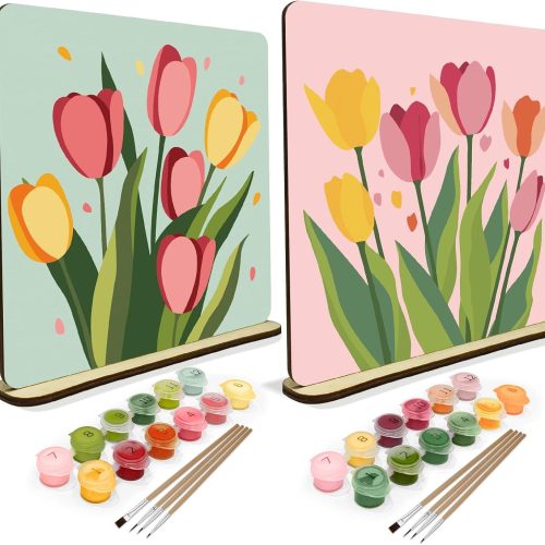 JOOZ 2 Pack Paint by Numbers Kit for Adults, Boho Oil Painting by Number on Wood Board, DIY Mountain Sunset Paint by Numbers Ornaments for Desktop, Easy Adult Paint by Number Kits for Gift 8x8 Inch