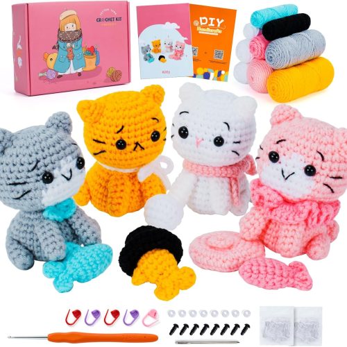 Crochet Kit for Beginners - Cat Crochet Kit with Step-by-Step Video Tutorials, Learn to Crochet Kits for Adults and Kids, 4 PCS Crochet Animals Cat with Hat, Toy, Fish Crocheting Set