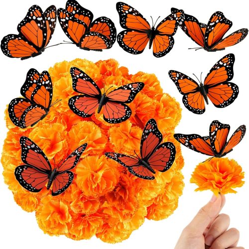 60pcs Marigold Flowers Heads with Monarch Butterfly Decorations, Marigold Garland for Wedding Party Day of The Dead Halloween Diwali Decorations