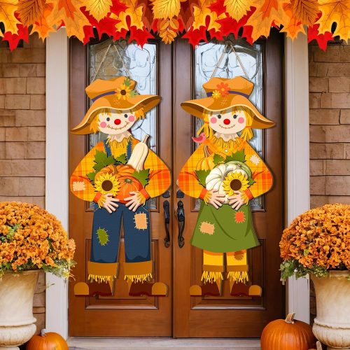 Shellwei 2 Pcs Fall Scarecrow Door Decor Thanksgiving Porch Sign Decoration Fall Wreath for Front Door Scarecrow Hanging Sign Thanksgiving Decor for Autumn Harvest Party Home Porch Wall Indoor Outdoor
