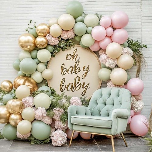 Dusty Green Pink Balloon Arch Double Stuffed Pastel Baby Pink Light Green White Sand Cream Gold Balloon Garland Kit for Baby in Bloom Birthday Bridal Wedding Fall Party Decoration