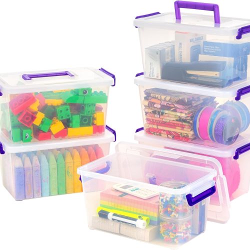 IRIS USA 5 Qt. Plastic Craft Storage Container Bins with Lids, 6 Pack, Small Art & Office Supply Organizer Tote, Sensory Bins & Boxes for Home & University, Stackable, Carry Handle, Clear