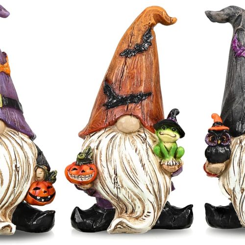 Valery Madelyn Gnomes Halloween Decorations Indoor, 3 Pcs Resin Gnome Decor for Home with Bat Witch Hat, Halloween Figurines Elf Dwarf with Broom Jack O Lantern for Table Tiered Tray Outdoor, 3.6"
