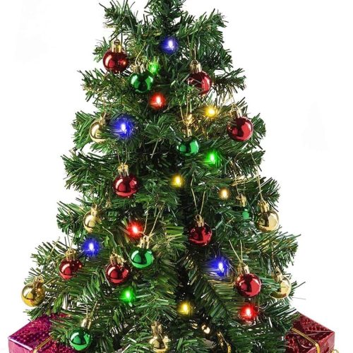 PREXTEX 23-Inch DIY Tabletop Mini Christmas Tree, Multi-Color LED Lights, Star Treetop, Decorated Gift Boxes and Hanging Ornaments for DIY Christmas Decoration, Little Christmas Tree with Lights