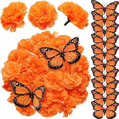 WILLBOND 62 Pcs Day of The Dead Decorations Include 50 Pcs Marigold Flower Heads and 12 Monarch Butterfly for Dia De Muertos Decor Diwali Indian Home DIY Wreath Garland Halloween Craft(Multicolor)