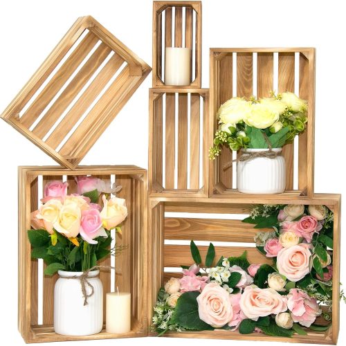 4 6 Pcs Decorative Wood Crates for Display, 6 Size Large Farmhouse Wooden Basket for Storage Container and Decorations, Rustic Nesting Crates Decor Boxes with Handle
