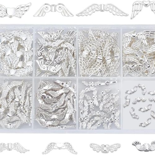 4 PH PandaHall Angel Wings for Crafts, 160pcs 8 Styles Angle Wing Bead Wing Spacer Beads Bright Silver Tibetan Style 12~32mm Alloy Retro Fairy Wing Charm Beads for Jewelry Keychain Gift Bag Tree Hanging