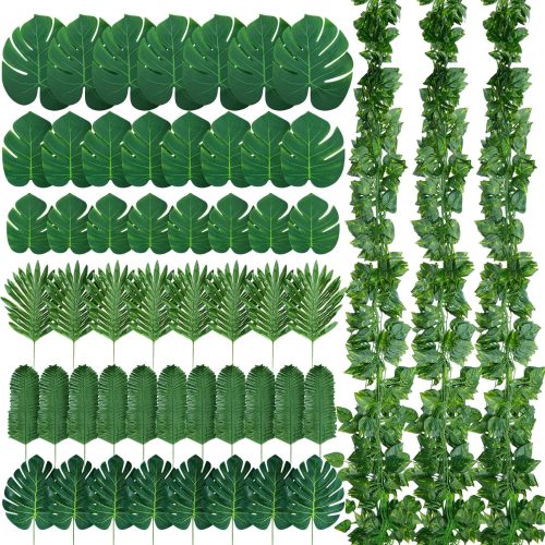XunYee 24 Strands 165 ft Artificial Vines with Leaves Tropical Leaf Garland and 6 Style Fake Monstera Palm Leaves Decoration Faux Ivy Vines Bulk for Jungle Safari Baby Shower Plant Party Decoration