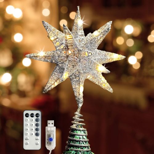 Christmas Tree Topper Star Gold, Christmas Tree Toppers with 50 Warm White LED Lights, Tradition Tree Topper Star for Home Holiday Xmas Tree Christmas Decor, Glitter Gold