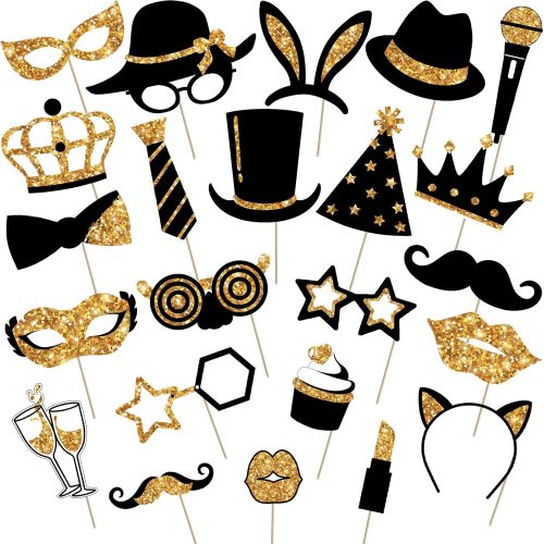 Zonon 24 Pieces Funny Photo Booth Props:Halloween,Christmas,Family Reunion, Class Reunion, Birthday, Weddings, Prom Disco Mardi Gras Party Supplies - Mix of Hats, Lipstick, Tie(Golden)