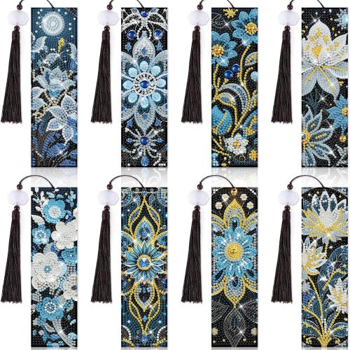 4 8 Pieces Floral Diamond Art Bookmarks 5d Mandala Bookmark Acrylic Tassel Bookmark for DIY Making Beginners Kids Adults Arts Craft Supplies (Flower)