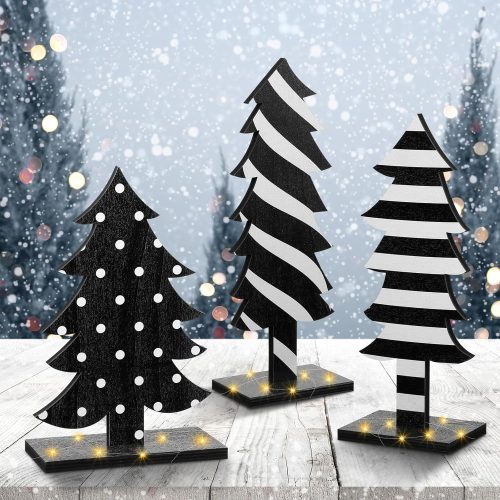 Meooeck Table Christmas Tree Decorations Farmhouse Black and White Freestanding Handmade Wood Trees Rustic Wooden Christmas Tree Centerpieces for Tabletop Xmas Home Office Holiday Party Decor