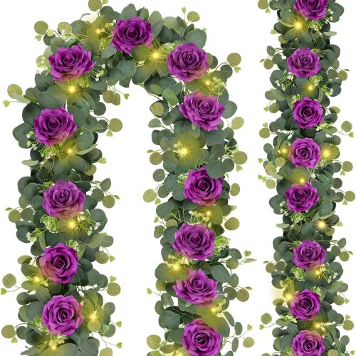 MACTING 6.6FT Flower Garland with Lights Fake Gypsophila Eucalyptus Garland with 12 White Roses Artificial Floral Greenery Vine for Wedding Arch Table Centerpieces Backdrop Party Summer Decorations